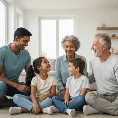 Diverse family members interacting positively in a modern home environment, showing support and understanding
