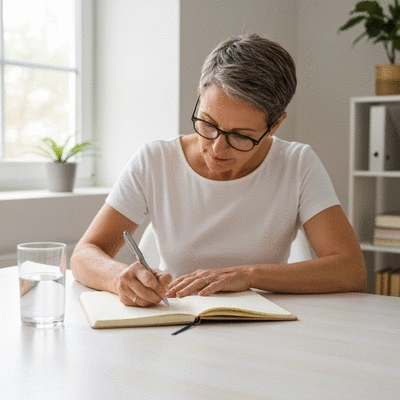 Person writing in a journal with a pen, focus on self-reflection