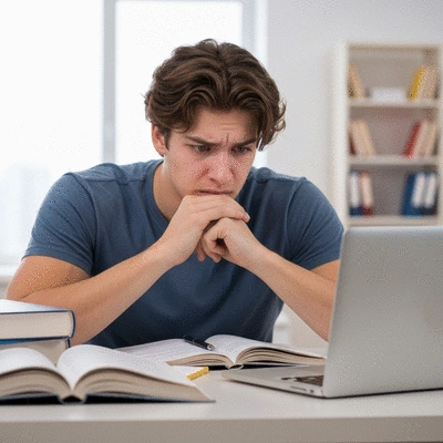 Student studying with a worried expression, surrounded by books and a laptop, emphasizing academic pressure