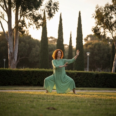 Person practicing Tai Chi outdoors at sunrise
