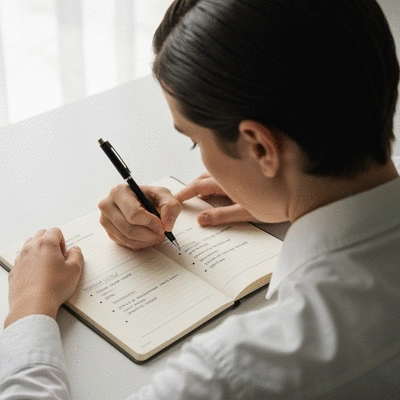 Person writing in a journal with a clear, organized layout, symbolizing a personalized stress management plan, no text, no words, no typography, 8K