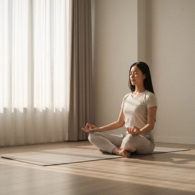 Person meditating in a calm, serene environment, symbolizing mindfulness and peace. No text, no words, no typography, no labels, clean image.