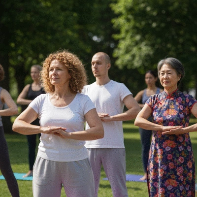 A diverse group of people practicing yoga or tai chi outdoors, symbolizing community support