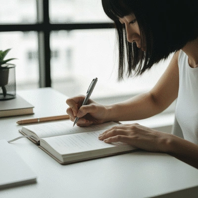 Person writing notes in a planner, planning stress management strategies