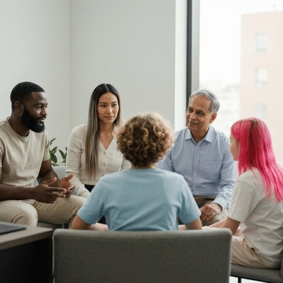 Diverse family discussing issues with professional help in a calm, supportive setting