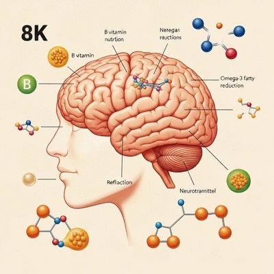 Scientific illustration showing the impact of nutrition on stress levels, with brain and nutrient molecules