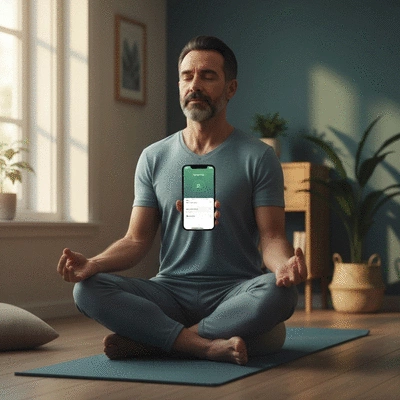 Person meditating peacefully with a mindfulness app on their phone in a serene setting
