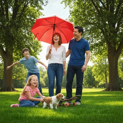 Happy family playing together outdoors, demonstrating resilience and positive interaction