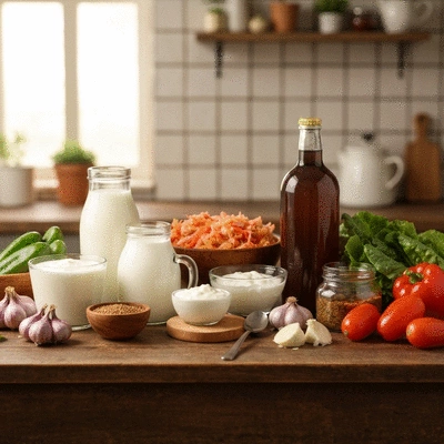 Variety of probiotic-rich foods on a kitchen counter
