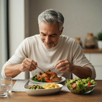 Person mindfully enjoying a healthy, colorful meal, signifying mindful eating