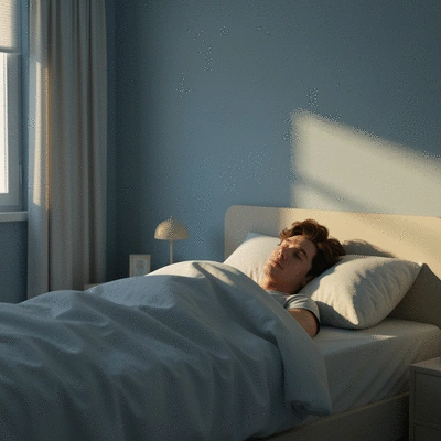 Person sleeping peacefully in a dimly lit room