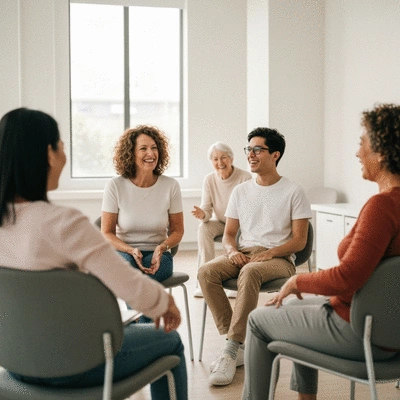 Diverse group of people participating in a stress management workshop, engaged and learning, bright and modern setting, no text, no words, no typography, clean image