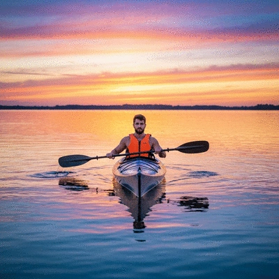 Person kayaking on a calm lake at sunset, illustrating water sports for anxiety relief