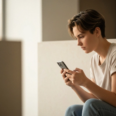Young adult looking thoughtfully at a smartphone, indicating reflection on social media use, in a clean, modern setting, no text, no words, no typography, clean image