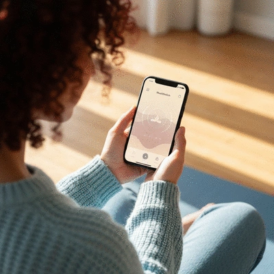Person using a mindfulness app on a smartphone, showing guided meditation interface