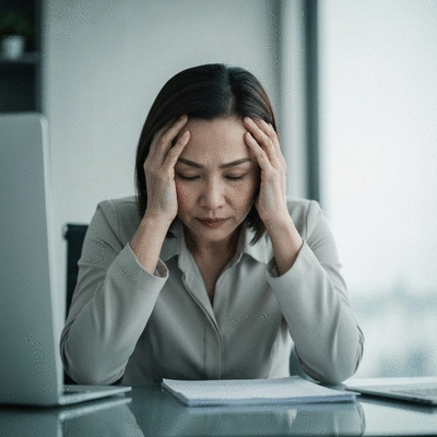 Professional looking stressed at a desk with blurred background