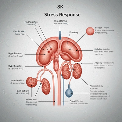 Detailed biological diagram illustrating stress response pathways with hypothalamus, pituitary, and adrenal glands highlighted, no text, no words, no typography, 8K