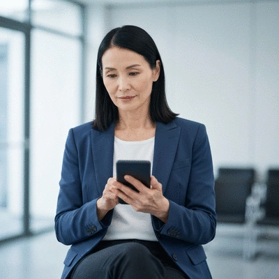 Person looking thoughtfully at a digital device, perhaps a phone or tablet, with a slightly stressed expression in a modern, clean environment, no text, no words, no typography, 8K
