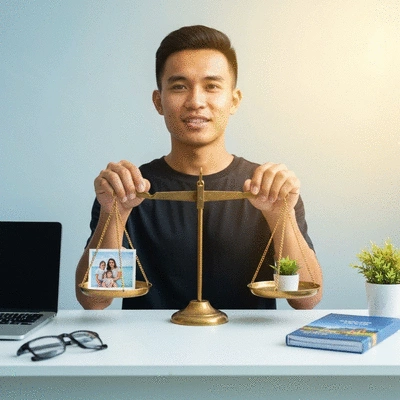 Person balancing work and personal life elements, symbolizing work-life integration and stress reduction, clean image