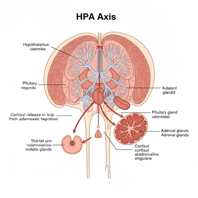 Scientific illustration of the hypothalamus-pituitary-adrenal (HPA) axis, showing cortisol and adrenaline release, no text, no words, no typography, clean image