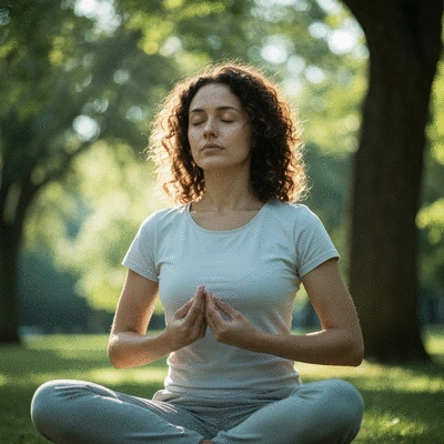 Student practicing mindfulness with eyes closed, in a serene, natural setting, symbolizing peace and stress reduction, no text, no words, no typography, 8K