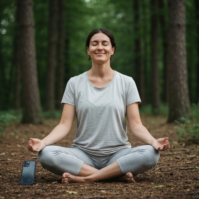 Person practicing mindfulness or meditation in a serene, natural setting with a smartphone placed respectfully to the side, symbolizing digital balance, no text, no words, no typography, 8K