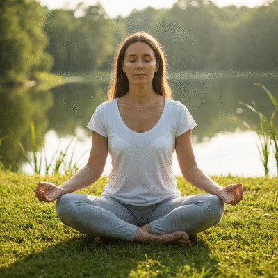 Person meditating in a calm, natural setting, illustrating mindfulness practice