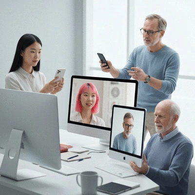 Diverse group of people connecting virtually through a video call on various devices, showing social interaction