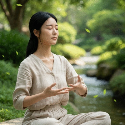 Woman doing deep breathing exercises, serene setting, conveying calm