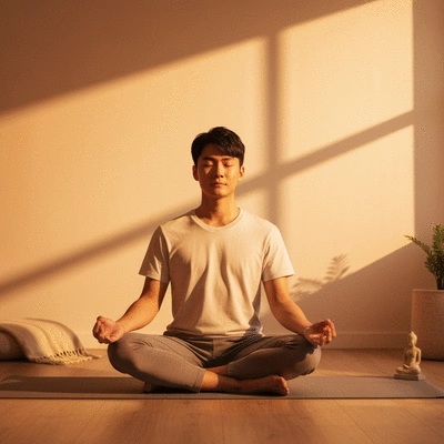 Person meditating in a calm, serene environment, illustrating stress management