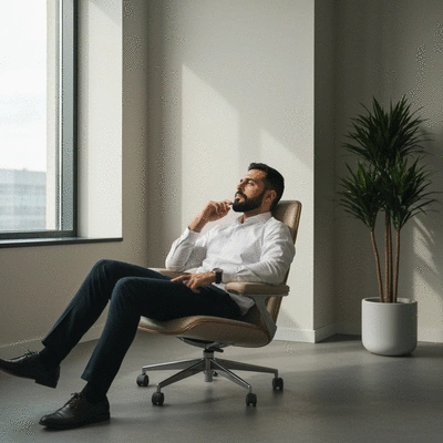 Professional looking relaxed in a modern office, deep in thought, demonstrating stress management