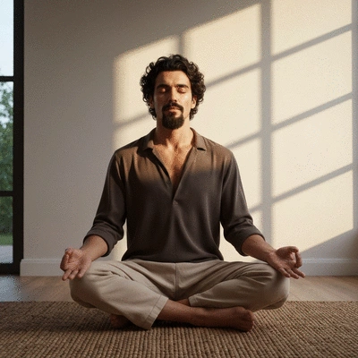 Person meditating with calm expression, soft lighting, focus on breath