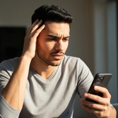Person looking stressed while scrolling through social media on a phone, with a blurred background, no text, no words, no typography, clean image