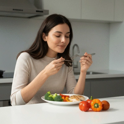 Person enjoying a healthy meal with fresh ingredients, representing good nutrition for mental health