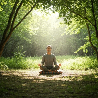 Person meditating calmly in a serene environment, symbolizing psychological roots of stress management, no text, no words, no typography, 8K