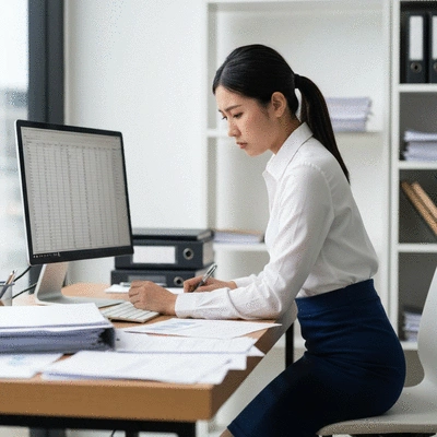 Professional looking stressed at a desk with many papers, representing heavy workload and tight deadlines