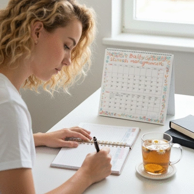Student creating a daily routine and setting goals for stress management, with a planner and calendar