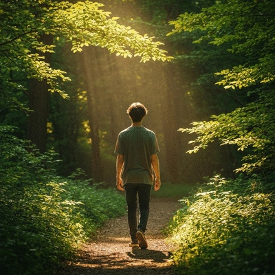 Person walking through a peaceful forest path, enjoying nature for stress relief