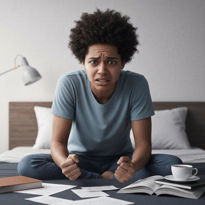 Person looking overwhelmed, surrounded by representations of stress symptoms like headaches and anxiety, clean image