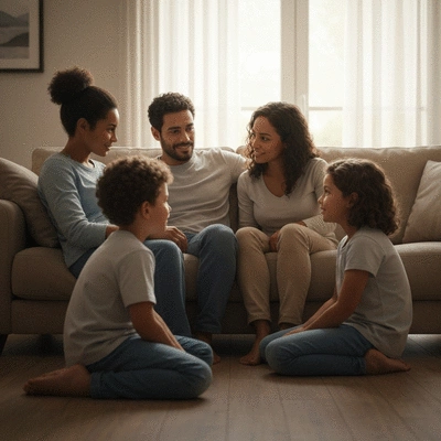 Family sitting together, engaged in open discussion, with warm natural light