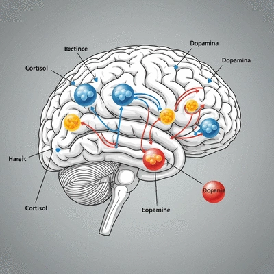 Scientific illustration of brain processing emotional triggers with hormones like cortisol and dopamine